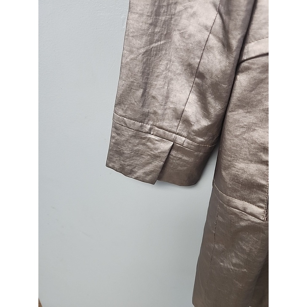 Vtg Trina Turk Women's Sz 10 Silver Clip Closure Pearlized Linen Trench Raincoat - Picture 4 of 8